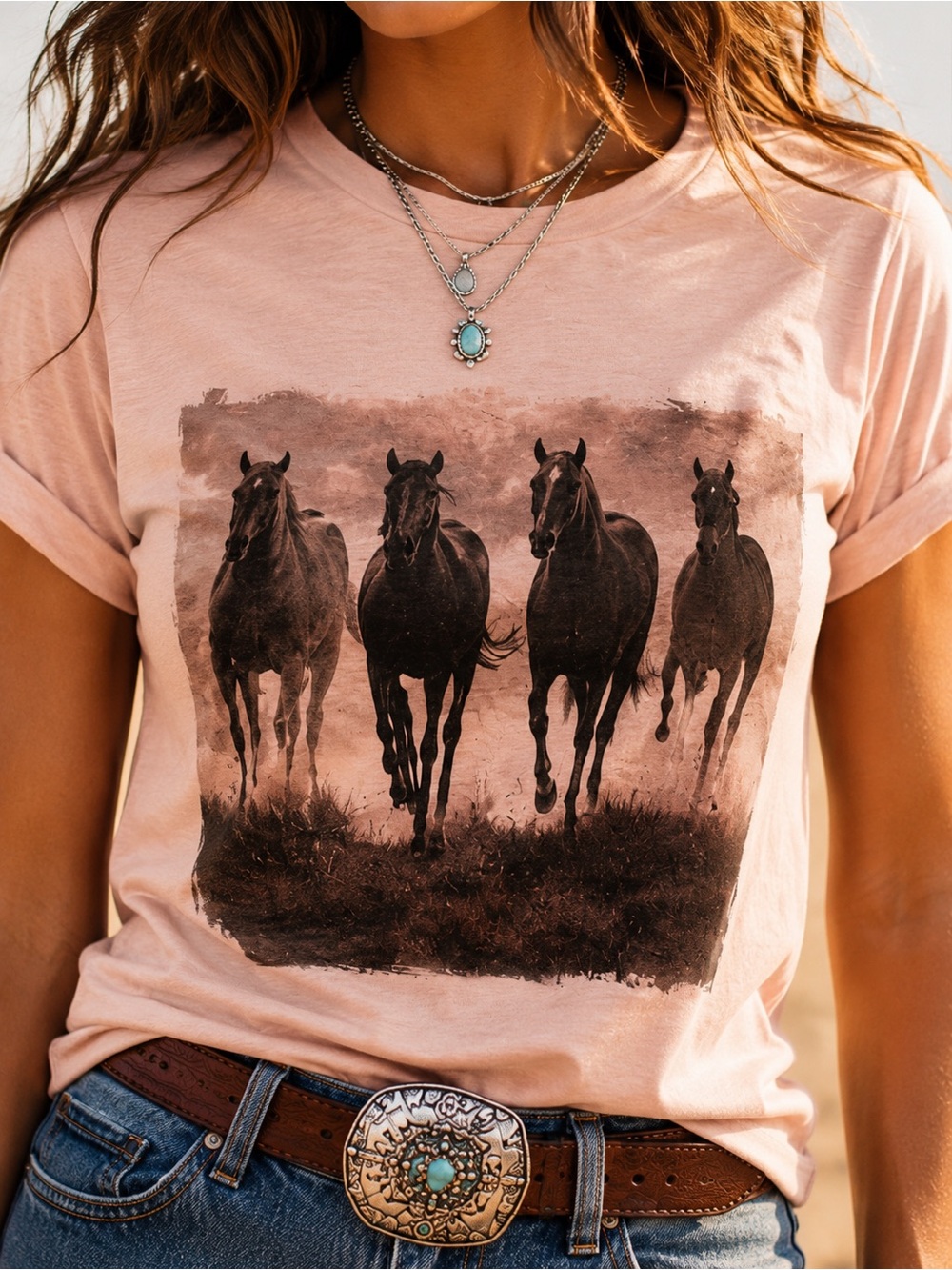 Western Running Horses Graphic Tee Pink Cowgirl Nashville Concert Top - Picture 2 of 7